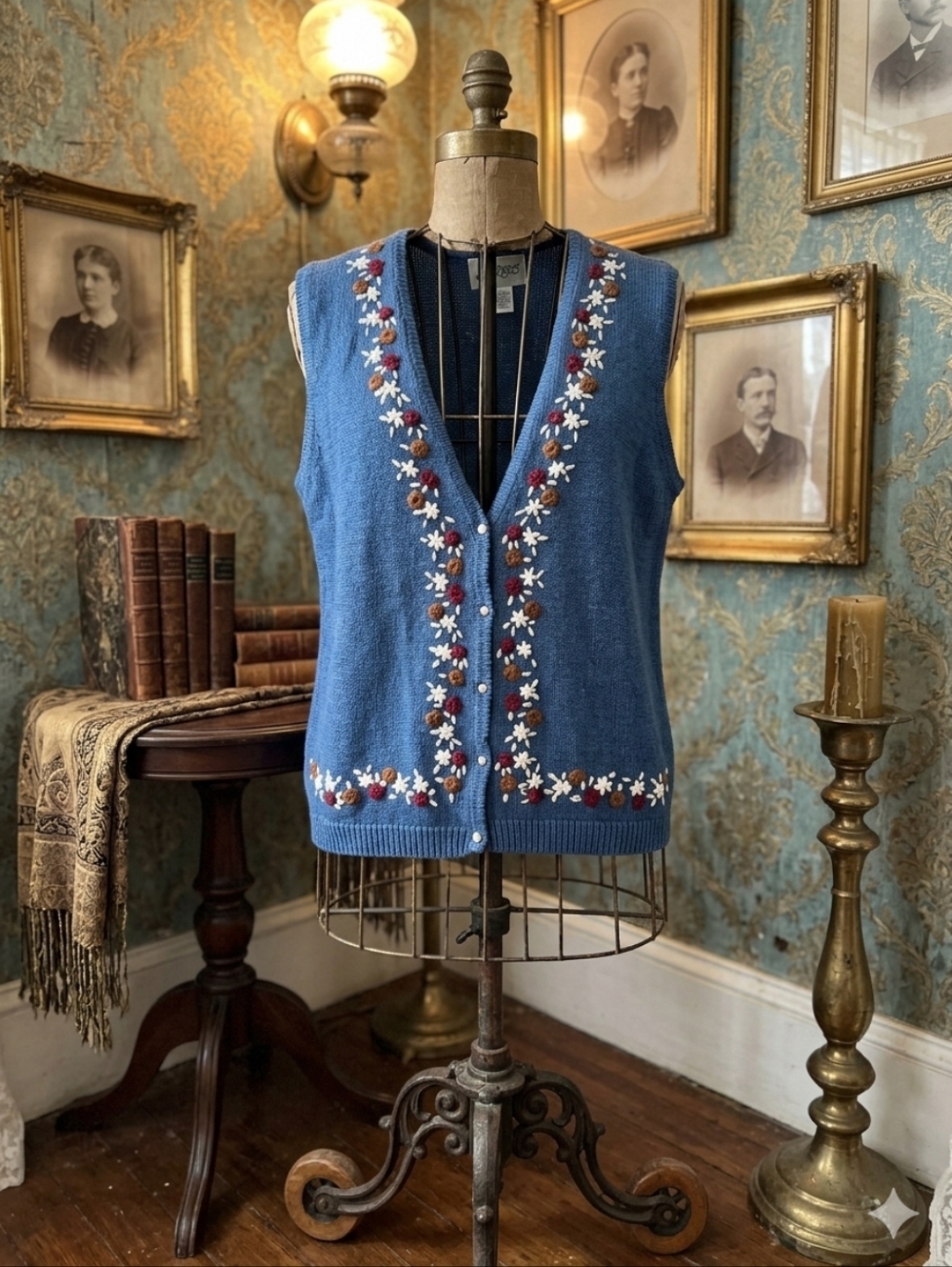 Vintage Jessie Embroidered Floral Knit Vest – 100% Cotton – Size M – Cottagecore